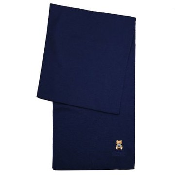 MOSCHINO 品牌LOGO電繡小熊圖案羊毛長圍巾(深藍色)