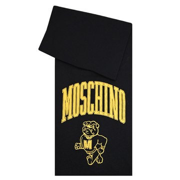 MOSCHINO 50197 M5630 學院風鬥牛犬燙印LOGO羊毛長圍巾.黑