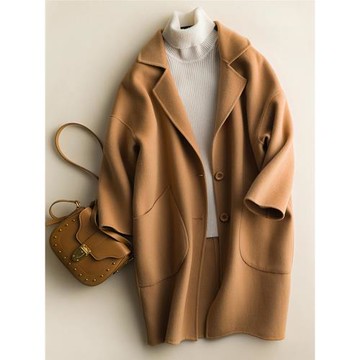 繭型小個子中長款純羊毛呢子女秋冬寬松毛呢外套雙面羊絨大衣黑色