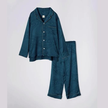 Foo Tokyo純蠶絲提花水紋長袖睡衣 長袖+長褲組 水紋綠 - S
