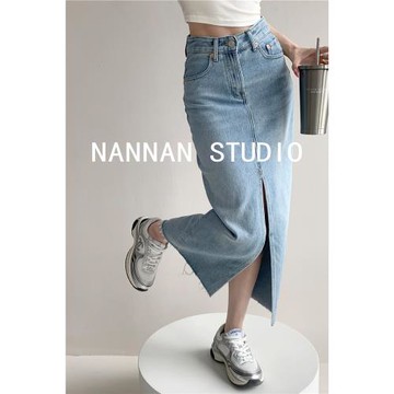 復古美式腔調感做舊水洗開叉牛仔半身裙女修身高腰中長款包臀裙潮