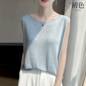 初色 韓版純色圓領寬鬆無袖針織上衣女上衣背心女背心-共6色-12425(M-3XL可選)