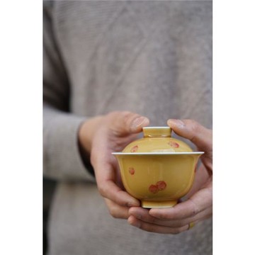 云澗 問源｜桃之夭夭黃釉元寶蓋碗品杯渣斗150ml景德鎮手工茶器禮