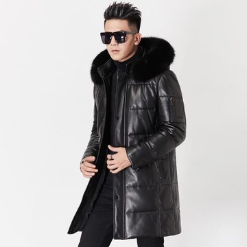 冬季新款海寧真皮皮衣男士綿羊皮夾克中長款連帽羽絨服休閑厚外套