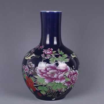 清乾隆藍地粉彩牡丹花鳥天球瓶仿古中式家居餐廳瓷器擺件古董古玩1入