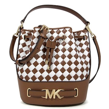 MICHAEL KORS Reed 金字MK腰帶配飾雙色編織水桶兩用包(馬鞍棕x白雙色-中)