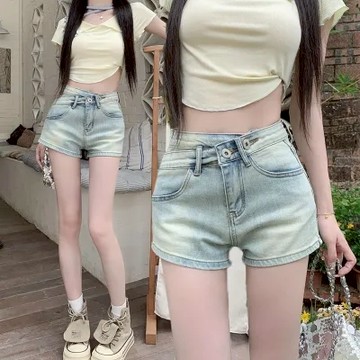 【NZN】水洗仿舊牛仔短褲女夏季熱領帶緊身包臀熱褲不規則高腰修身直筒褲
