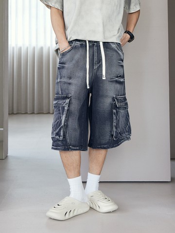 潮流皺褶刷白牛仔短褲