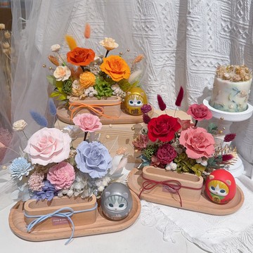 FengFlower 【貓福達摩不倒翁招財永生花名片座】永生花/送禮