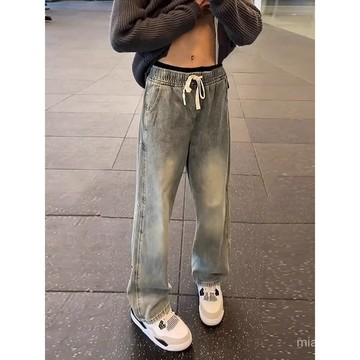 褲子男潮流水洗複古抽繩牛仔褲男寬鬆直筒高街美式vibe彎刀微喇褲
