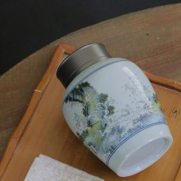 茶葉罐陶瓷鋁合金仿錫蓋密封茶葉罐復古貼花江崖海水茶葉罐批發