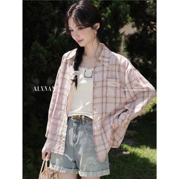 鹿向南「童話鎮」粉色格子防曬襯衫女秋獨特長袖襯衣休閑外套上衣