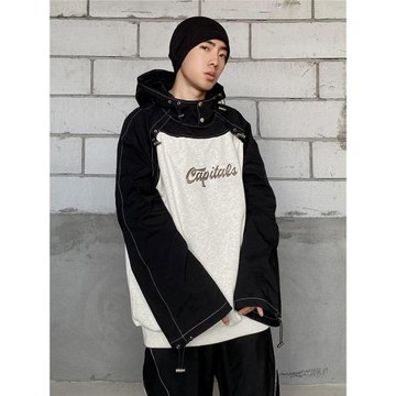 美式復古插肩長袖連帽衛衣男小眾設計街頭寬松抽繩設計套頭外套潮