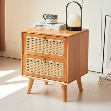 北歐實木床頭柜小戶型沙發邊柜簡約藤編邊幾收納儲物柜角幾小柜子