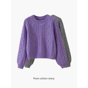 歐單重工 粗麻花100%棉 短款圓領毛衣女士套頭針織衫厚款 寬松型