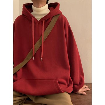 連帽衛衣男2025新款秋冬款加絨純色美式情侶重磅大碼潮牌紅色外套