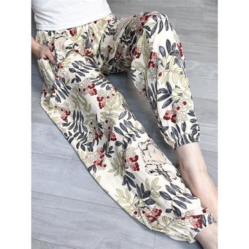 夏季新款棉綢睡褲女士薄款大碼人造綿綢可外穿家居碎花長褲子寬松