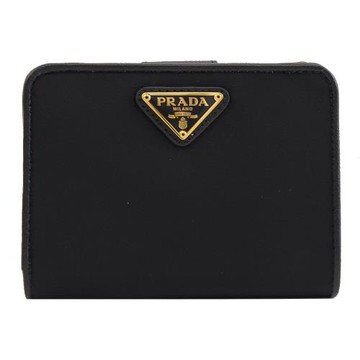 PRADA 1ML018 經典三角LOGO尼龍皮飾邊零錢短夾.黑