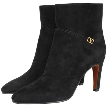 VALENTINO V LOGO 黃銅金屬麂皮尖頭短靴(黑色)