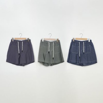 【Dailo】涼感壓線打褶短褲裙 藍 綠 灰
