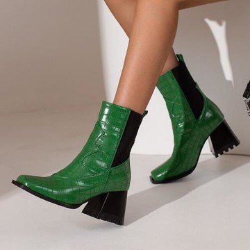 歐美方頭粗跟女靴子鱷魚紋時裝靴綠色高跟短靴大碼44 45 46 47 48