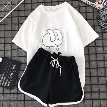 特大碼300斤套裝女夏季新款卡通印花短袖T恤女短褲休閑運動兩件套