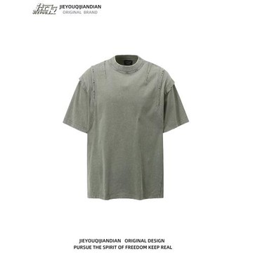 美式復古水洗做舊短袖T恤男女亞比風破洞褶皺設計感重磅休閑上衣