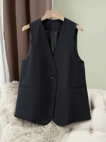 春夏薄款西裝馬甲女2025大碼背心V領坎肩無領寬松時尚西服馬夾潮【木屋雜貨】