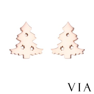【VIA】節日系列 可愛聖誕樹造型白鋼耳釘 造型耳釘 玫瑰金色