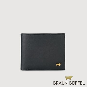 【BRAUN BUFFEL 德國小金牛】台灣總代理 HOMME-M 4卡零錢袋皮夾(金色LOGO款)-黑色/BF306-TW315-BK
