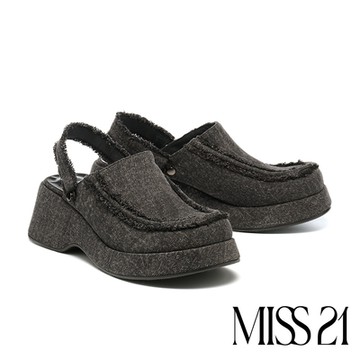 穆勒鞋 MISS 21 復古搖滾牛仔布多穿大頭厚底穆勒拖鞋－黑