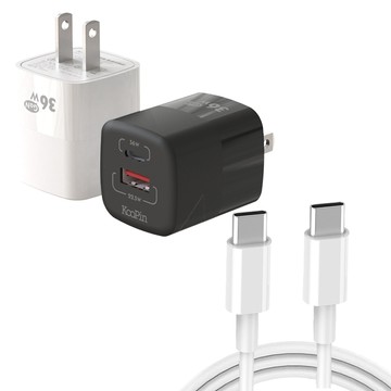 KooPin 36W氮化鎵 雙孔PD+QC 手機急速快充充電器(附贈Type-C充電線)
