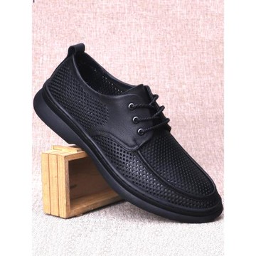 男鞋2025新款春夏商務正裝系帶透氣真皮黑色鏤空皮鞋男休閑鞋單鞋