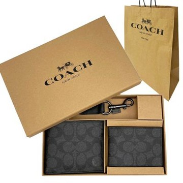 COACH 男款8卡短夾附鑰匙圈活動證件夾禮盒附紙袋(C LOGO-黑灰)