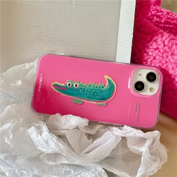 ins韓風小清新少女卡通粉色雙層印花鱷魚14promax適用iPhone11蘋果12手機殼13新款保護套防摔女個性硬殼