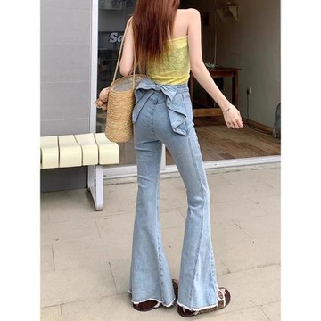 歐若風立體蝴蝶結微喇叭牛仔褲女小個子彈力修身顯瘦毛邊馬蹄長褲