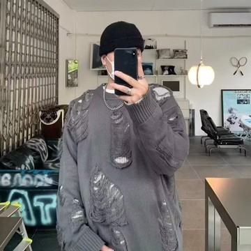 歐美高街假兩件破洞毛衣男 秋冬季慵懶風鏤空設計針織衫男