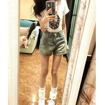 美式復古高腰牛仔褲女夏季年新款a字褲顯瘦小個子辣妹闊腿褲 牛仔短褲 A字短褲 闊腿短褲 短褲女 牛仔褲 女生短褲