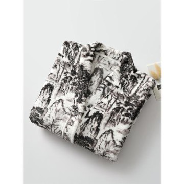 V領珊瑚絨睡衣男女秋冬加厚法蘭絨蝙蝠袖國風山水長袖長褲家居服