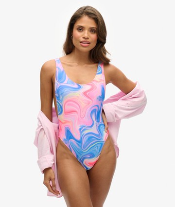 Superdry Women's Women's Printed Scoop Back Swimsuit Pink / Multi Marble - Size: 10 Size: 6