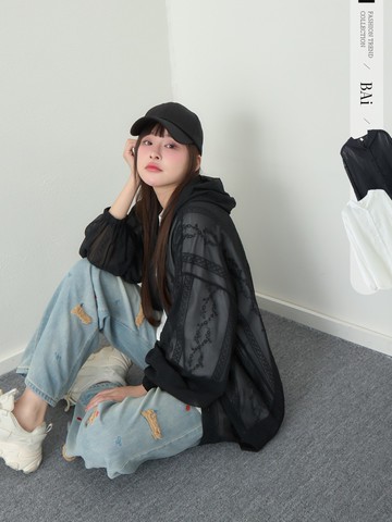 緹花雪紡連帽襯衫／半透繡花開釦外套－【356009】