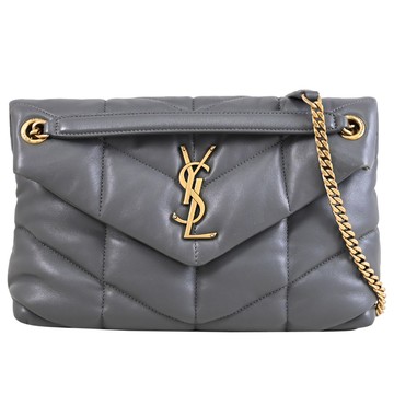 YSL 577476 PUFFER 金屬LOGO絎縫小羊皮翻蓋肩/斜背鍊包.灰