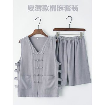 中老年唐裝男無袖背心中國風男士馬甲復古馬褂短褲棉麻坎肩 t恤男