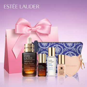 親愛的，你的聖誕禮物！【Estee Lauder 雅詩蘭黛】小棕瓶20ml+小棕瓶7ml+原生露15ml+粉持久7ml+化妝包 生日禮物
