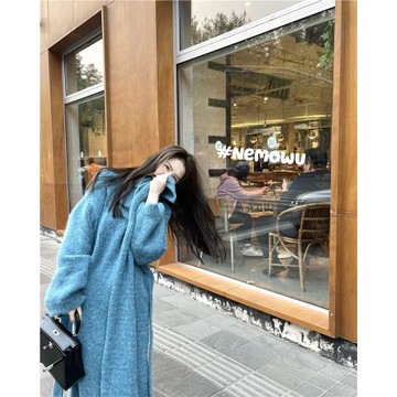 nemowu【藍色記憶】湖藍中長款休閑氣質針織開衫外套大衣