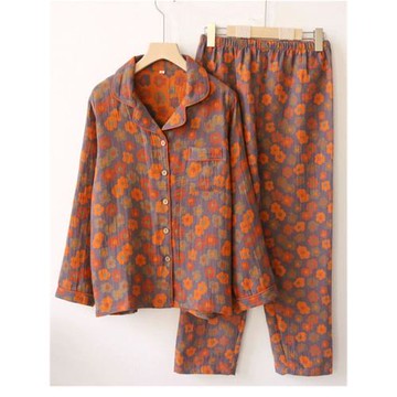 高端色織棉紗布長袖睡衣女春秋季提花開衫純棉薄款家居服套裝兩件