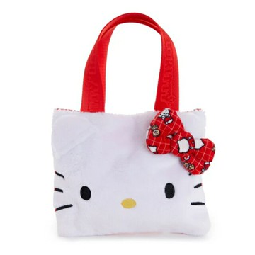 小禮堂 Sanrio 三麗鷗 Hello Kitty 絨毛大臉迷你手提袋 (50週年 紅格紋滿版款)