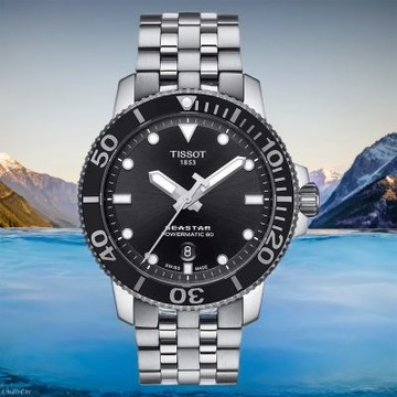 TISSOT 天梭 官方授權 Seastar 1000 海洋之星300米潛水機械錶 夏日煥新提案 送禮推薦-黑x銀/43mm T1204071105100