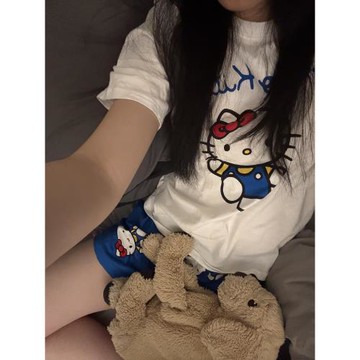 可愛HelloKitty印花短袖睡衣女春夏款新款T恤短褲大碼家居服套裝