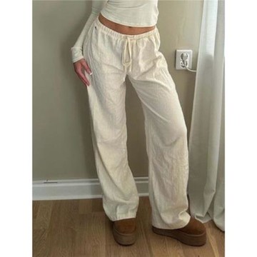 DARLINGAGA簡約風純色百搭棉麻休閑褲女抽繩高腰直筒寬松居家長褲